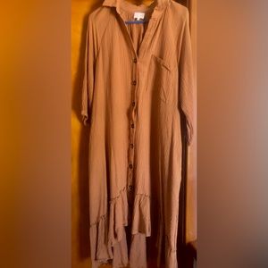 Camel button down hi low midi dress, size medium